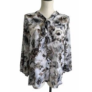 Studio Works Tie Bow Blouse Floral Sheer Size XL